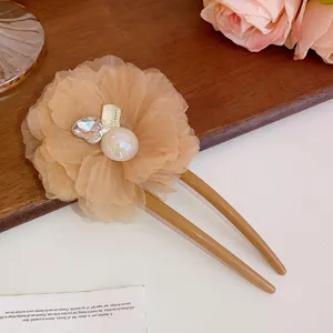 Mesh flower hairpin with pearl and rhinestone sweet hair accessory for elegant daily updo styling