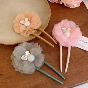 Sweet mesh flower pearl hair stick elegant hairpin for women sweet daily hair styling accessories
