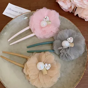 Mesh flower hair hairpin with pearl and rhinestone sweet hair bun styling accessory for women