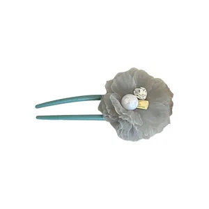 Grey organza flower hair stick with heart rhinestone pearl for sweet daily styling main view