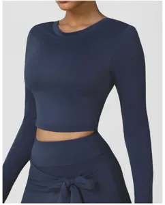 Dunkelblaue langarm crop top yoga sportbekleidung fitness athletisches oberteil damen