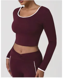 Top corto da yoga a maniche lunghe bordeaux fitness sport con bordo bianco nuovo