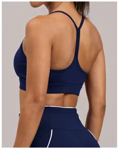 Soutien-gorge de sport bleu foncé dos nageur pour femmes, haut respirant pour fitness et yoga.