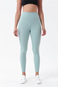 High waist brushed yoga leggings detail, soft nude fit, stretch activewear for women.