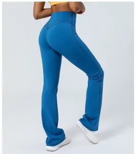 Detaillierte Rückansicht von hochtaillierten Schlag-Yogahosen, Po-hebe Leggings für Damen.