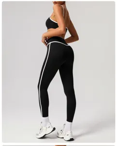 Hoge taille yoga broek sport fitness gym leggings met witte bies contrast actieve kleding