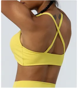 Yellow sports bra women fitness yoga top cross back workout crop top activewear breathable