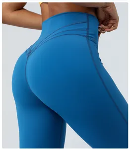 Detailansicht blauer Damen Fitness Yogahosen mit hohem Bund und po-hebender Naht.