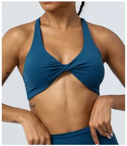Blue twist front sports bra for women yoga fitness activewear gym workout crop top