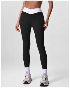 Hochwaetige schwarze Yoga Leggings mit Kreuzbund Push Up Fitness Sporthose Damen.