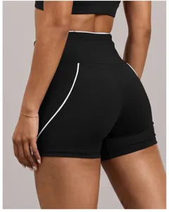 Short de yoga de sport noir taille haute avec passepoil contrasté blanc, short fitness.