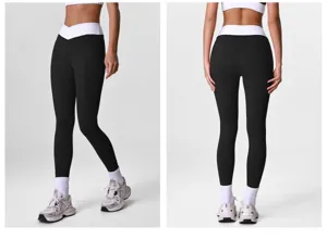 Schwarze Yoga Leggings mit hohem Bund und V-Schnitt Fitness Sport Hose Detailansicht
