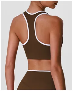 Soutien-gorge de sport pour femme, haut de fitness marron avec bordure blanche, coupe slim.