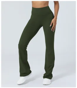 Dunkelgrüne Schlag-Yogahose für Damen, hochelastische Fitness-Sporthose hochgeschnitten.