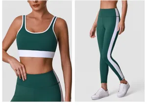 Grün weißer Sport-BH und hochtaillierte Fitness Leggings Yoga Set für Damen Workout.