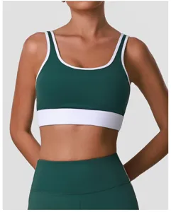 Soutien-gorge de sport colorblock vert, haut de yoga fitness col U, maintien élevé, actif.