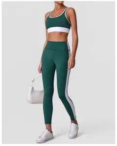 Ensemble de sport bloc de couleur vert blanc soutien-gorge de sport leggings yoga fitness