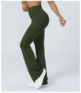Damen High Waist Schlag Yoga Hose, Bauchweg Fitness Leggings, dunkelgrün, Sportbekleidung.