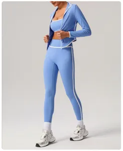 Dames sportset hoge taille yoga legging met rits jasje sport-bh lichtblauw