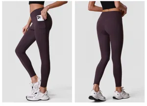 High-Waist Tasche Yoga Hose Seiten- und Rueckendetail, elastische Fitness Leggings Ansicht.