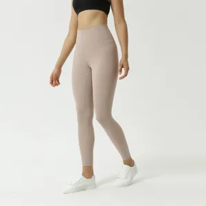 Detail view of women's high-waisted brushed yoga pants, offering bare-skin soft comfort.