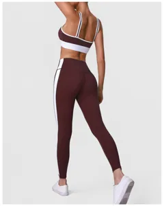 Damen Farbblock Yoga Set Sport-BH und Fitness Leggings High Waist Sportbekleidung Outfit