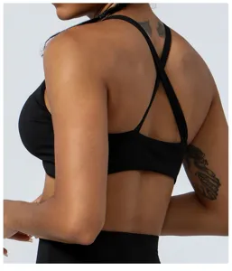 Women black cross back sports bra, nude feel fitness yoga underwear for running workout.