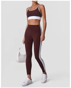 Damen Kontrastfarbe Sport-BH hohe Taille Yoga Leggings Fitness Sportbekleidung Workout Set Gym