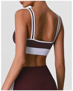 Vue arrière détaillée du soutien-gorge de sport color-block élastique avec dos U.