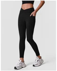 Kreuzbund hohe Taille schwarze Yoga Leggings mit Tasche Detail Fitness Laufen Hose