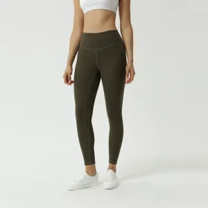 High-waisted olive green yoga leggings detail, showing smooth double-brushed soft fabric fit