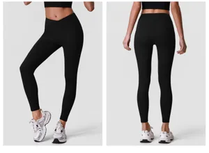 Schwarze V-Bund Sport Leggings mit Taschen für Damen, atmungsaktive Fitness Yogahose.