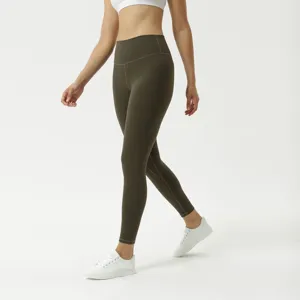 Olive green high-waisted yoga pants detail, soft nude-feel fabric, tight crop fitness leggings.