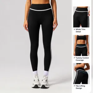 Hohe Taille Yoga Hosen für Damen, Fitness Leggings mit weißem Kontrast Paspel Design.