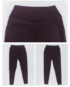 Dunkellila High Waist Yoga Leggings mit Seitentaschen und V-Kreuzbund für das Training.