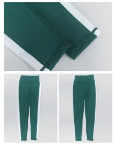 Hochtaille Yoga Sportleggings mit weißen Seitenstreifen, grüne sportliche 9-Punkte-Hose.