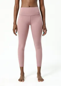 Detailed view of womens high waist brushed yoga pants, soft fitness naked feeling leggings.