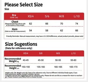 Size chart for women sports bra yoga vest crop top fitness running athletic apparel sizing guide