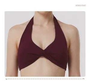 Halter twist yoga sports bra crop top with removable pads for fitness running gym.