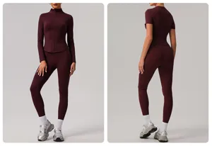 Ensemble de yoga sport bordeaux femme leggings fitness taille haute haut zippé manches longues