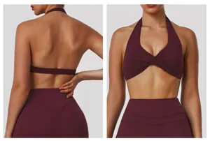 Halter twist-front sports bra and high-waist yoga leggings set for running fitness.