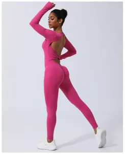 Backless long sleeve yoga jumpsuit fitness activewear tight gym training bodysuit view