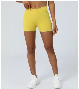 High waist cross yoga shorts for women, peach lift fitness gym athletic workout activewear.