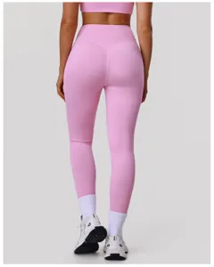 Pantaloni yoga rosa vita alta dettaglio, leggings fitness traspiranti e modellanti donna.