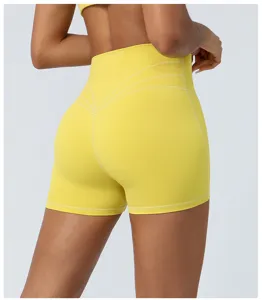 High waist yellow yoga shorts for women peach lift gym fitness running shorts cross waist.