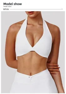 White halter sports bra, hollow yoga top, fitness running gym activewear for women.