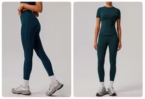 Dark green women activewear set featuring short sleeve top and high waist fitness yoga leggings.