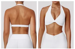 White halter yoga sports bra activewear twist front fitness running gym top breathable.