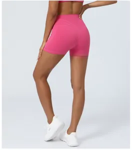 High-waisted pink peach-lift yoga shorts for women, stretchy fitness gym activewear shorts.