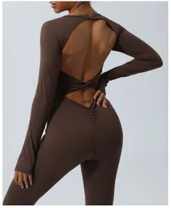 Backless long sleeve yoga jumpsuit brown fitness activewear gym workout bodysuit for women.